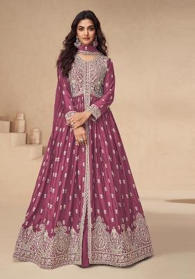 Magenta Embroidered Chiffon Anarkali Set With Dupatta