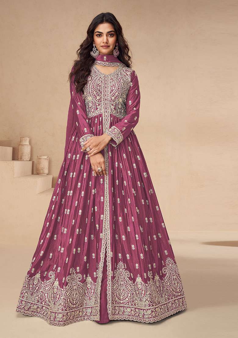 Magenta Embroidered Chiffon Anarkali Set - Indya