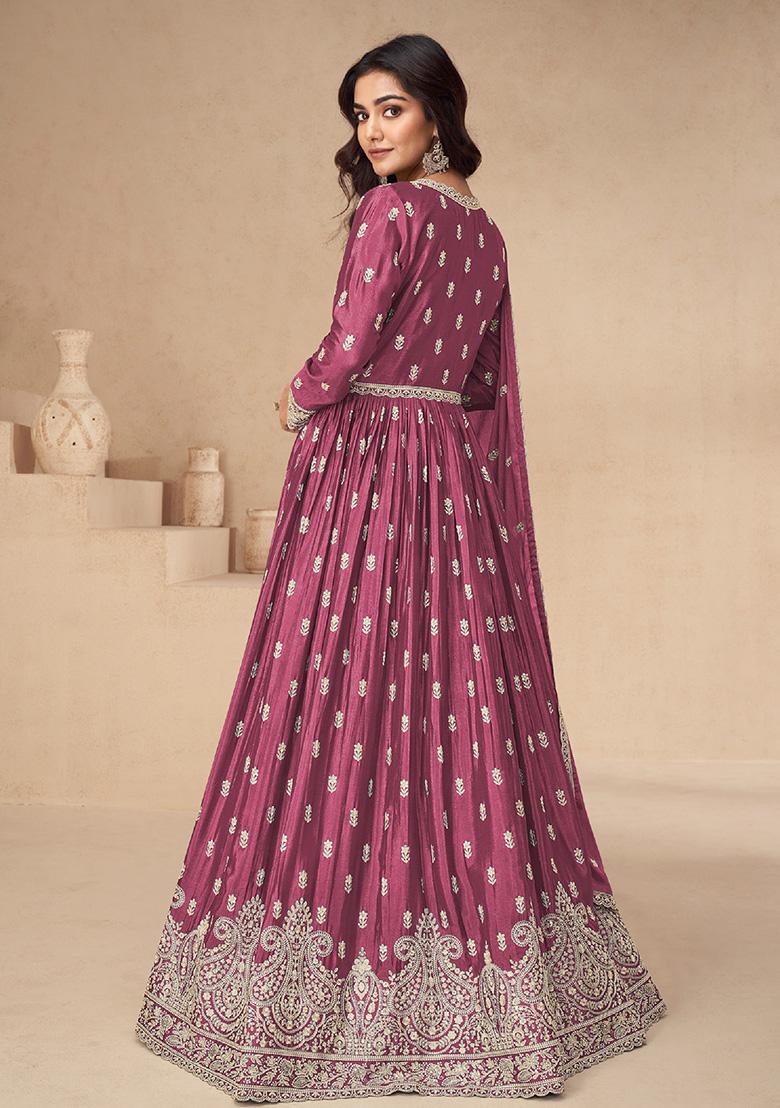 Magenta Embroidered Chiffon Anarkali Set With Dupatta