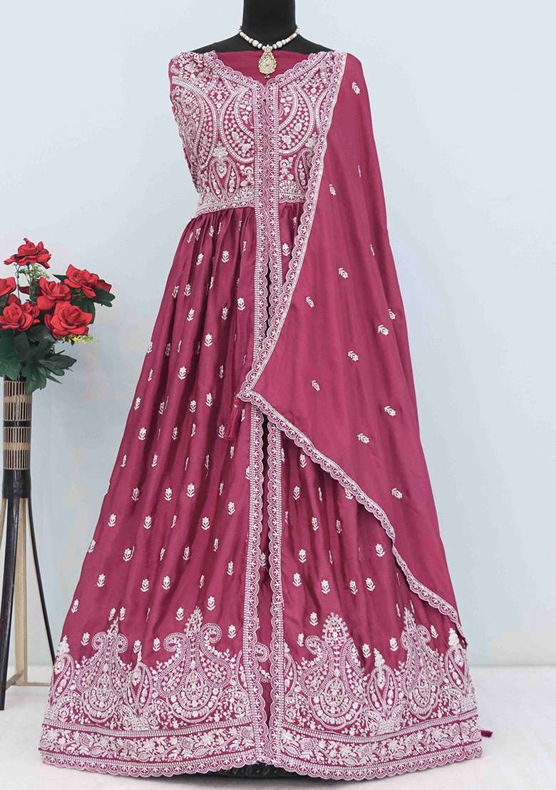 Magenta Embroidered Chiffon Anarkali Set - Indya