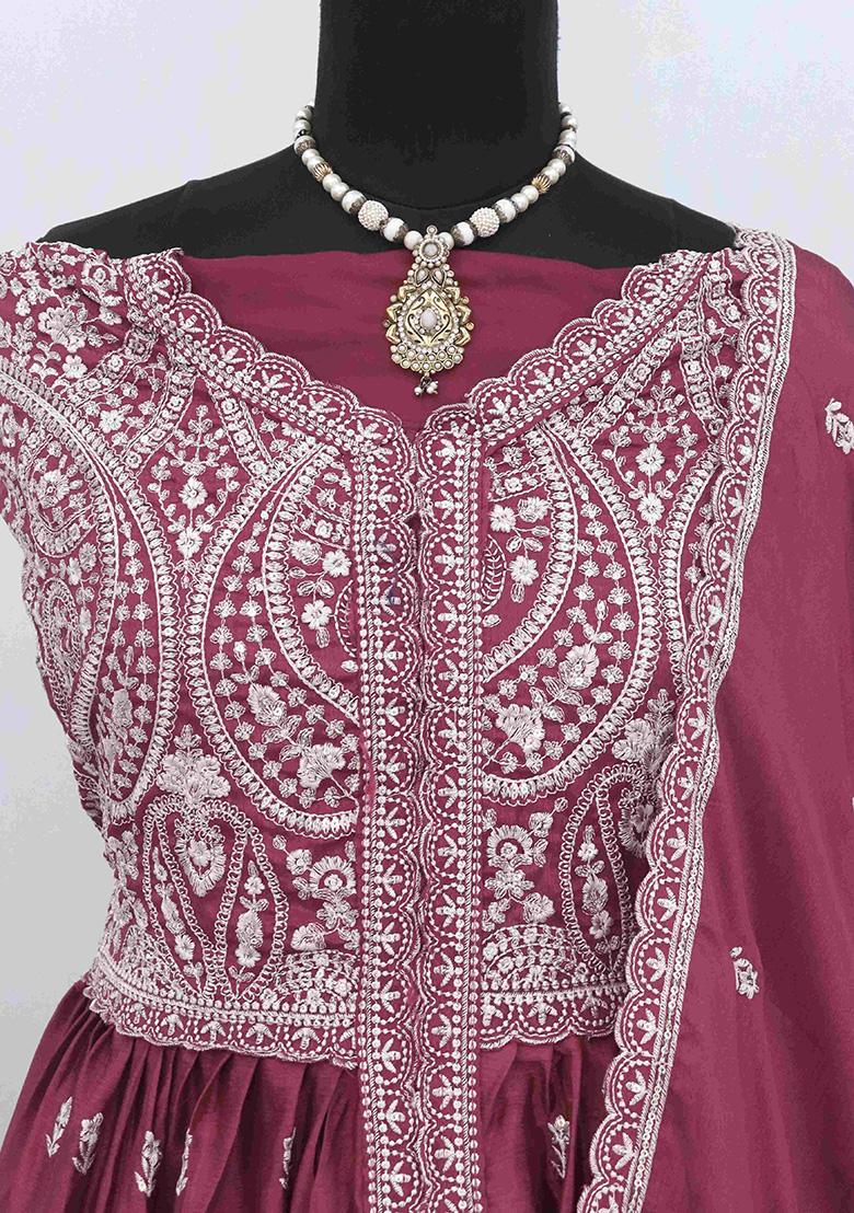 Magenta Embroidered Chiffon Anarkali Set With Dupatta