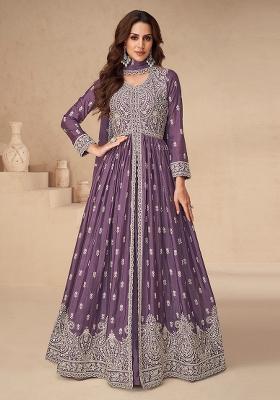Dark Purple Embroidered Chiffon Anarkali Set With Dupatta