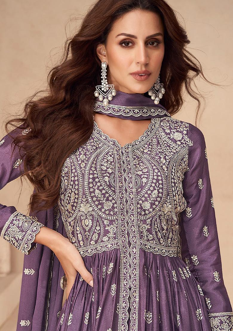 Dark Purple Embroidered Chiffon Anarkali Set With Dupatta