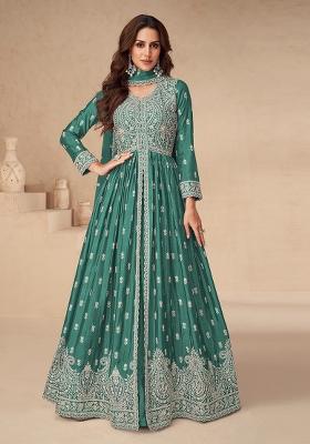 Green Embroidered Chiffon Anarkali Set With Dupatta