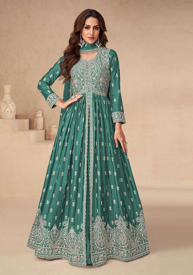 Green Embroidered Chiffon Anarkali Set - Indya