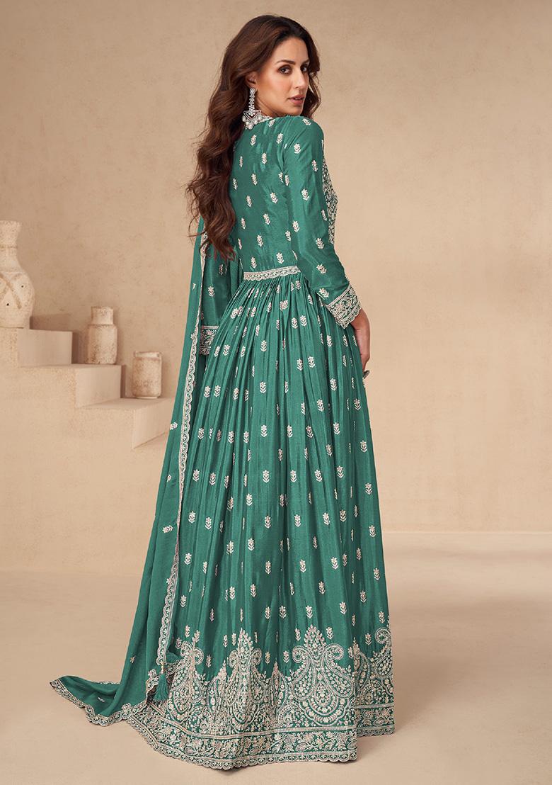Green Embroidered Chiffon Anarkali Set With Dupatta