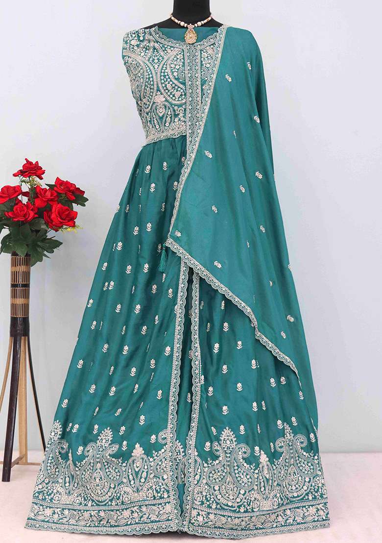 Green Embroidered Chiffon Anarkali Set - Indya