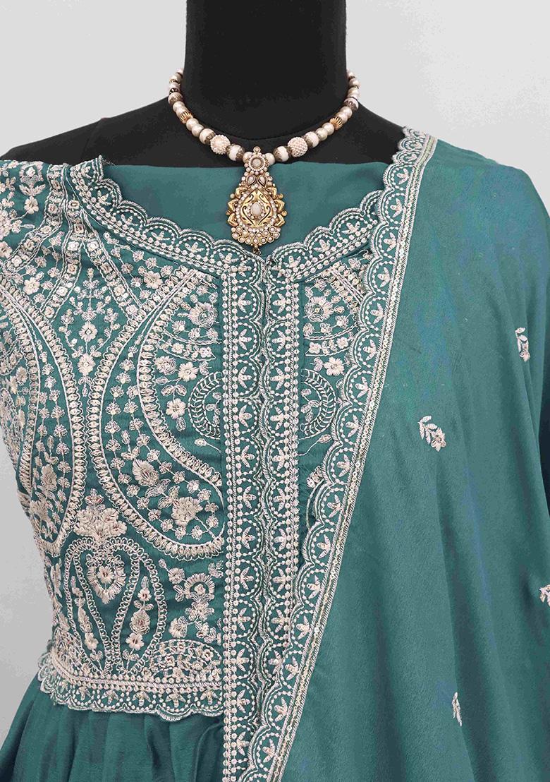 Green Embroidered Chiffon Anarkali Set With Dupatta