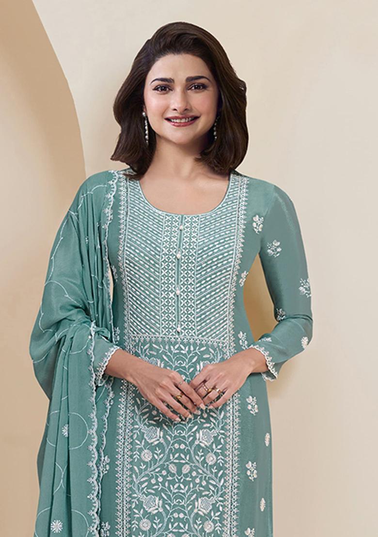 Light Teal Blue Embroidered Silk Salwar Kameez With Dupatta