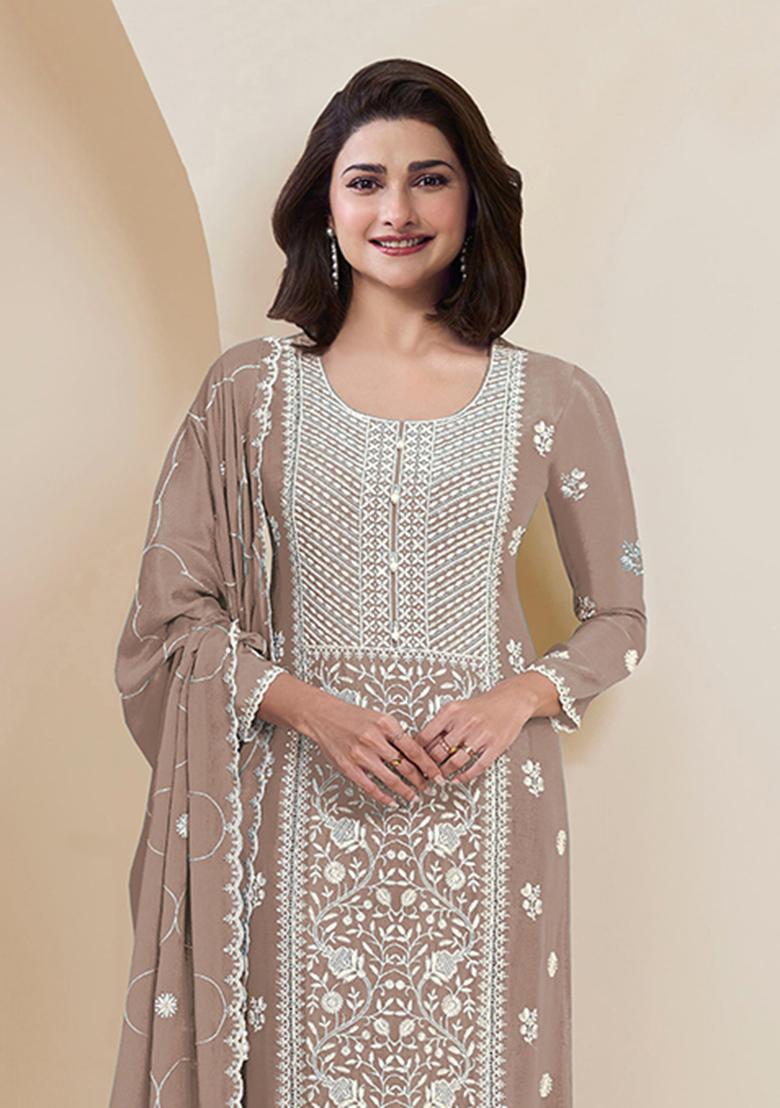Light Brown Embroidered Silk Salwar Kameez With Dupatta