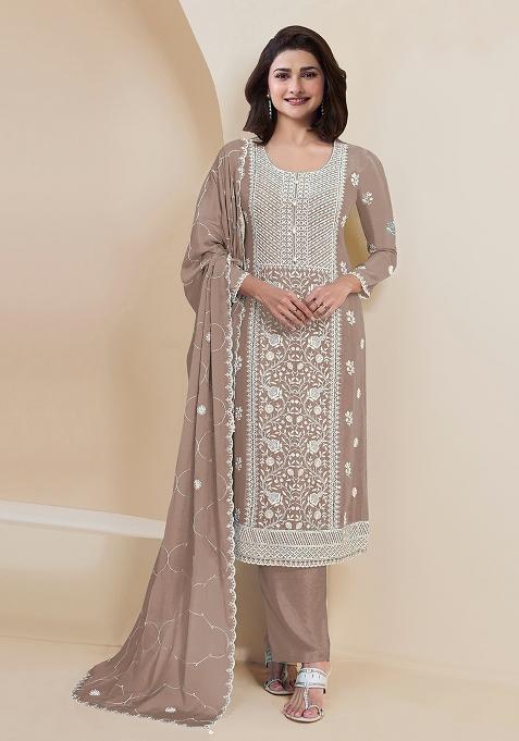 Light Brown Embroidered Silk Salwar Kameez With Dupatta