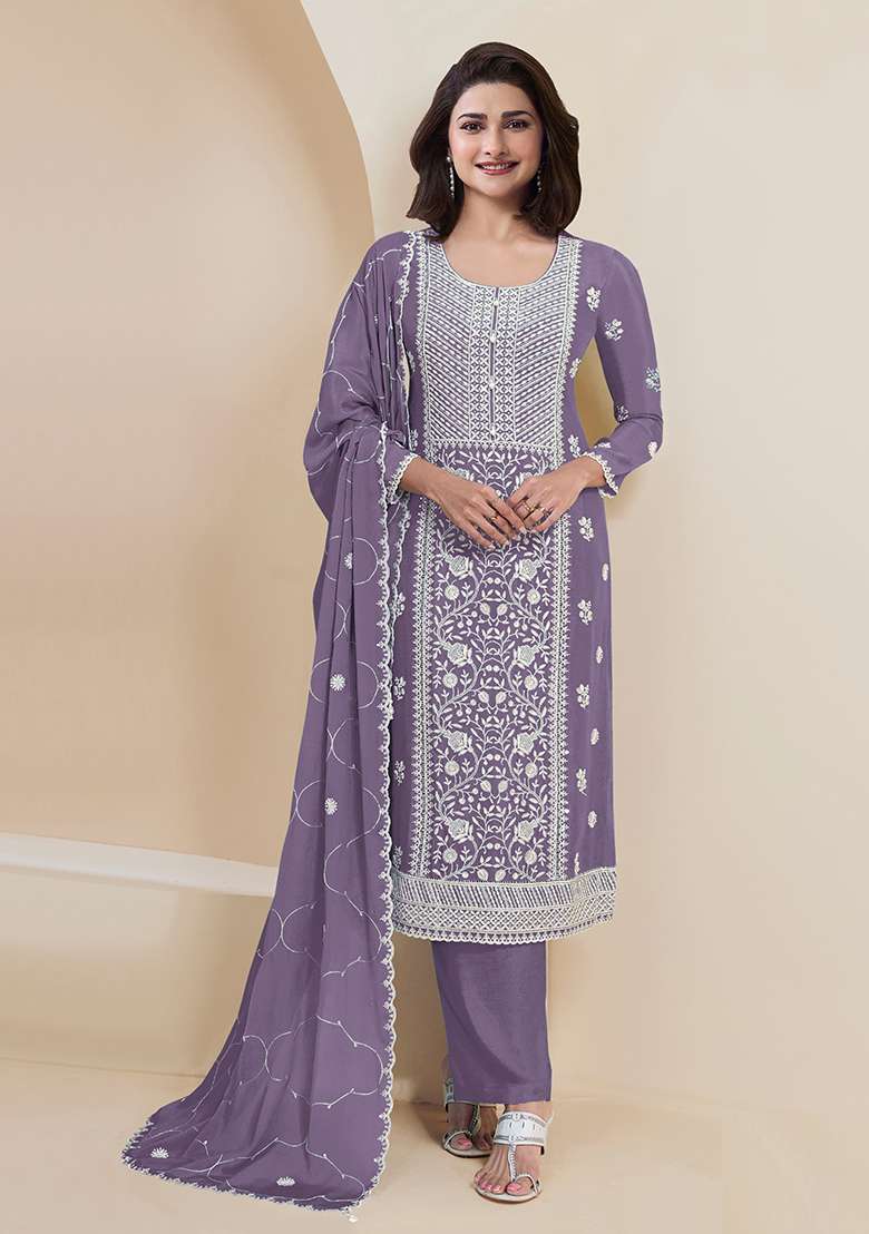 Lavender Embroidered Silk Salwar Kameez With Dupatta - Indya