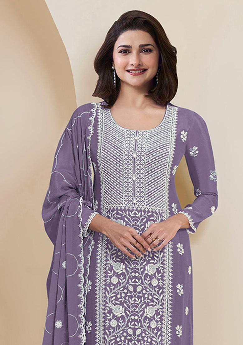 Lavender Embroidered Silk Salwar Kameez With Dupatta