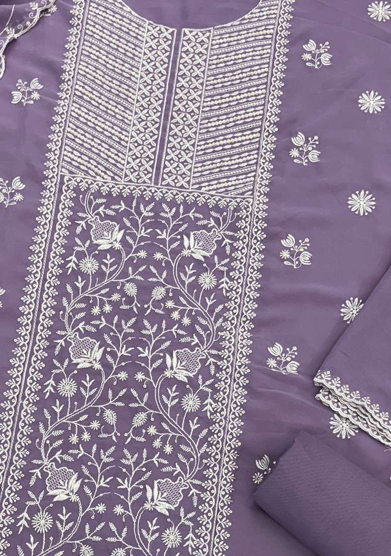 Lavender Embroidered Silk Salwar Kameez With Dupatta - Indya