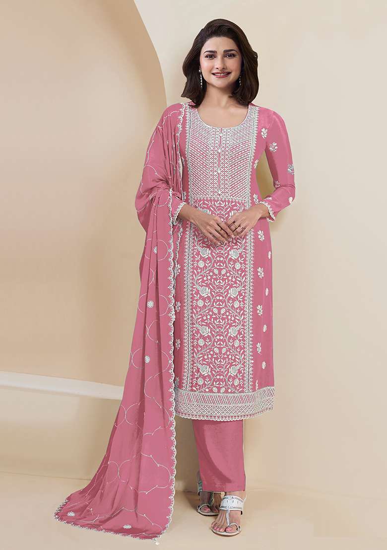 Peach Embroidered Silk Salwar Kameez With Dupatta - Indya
