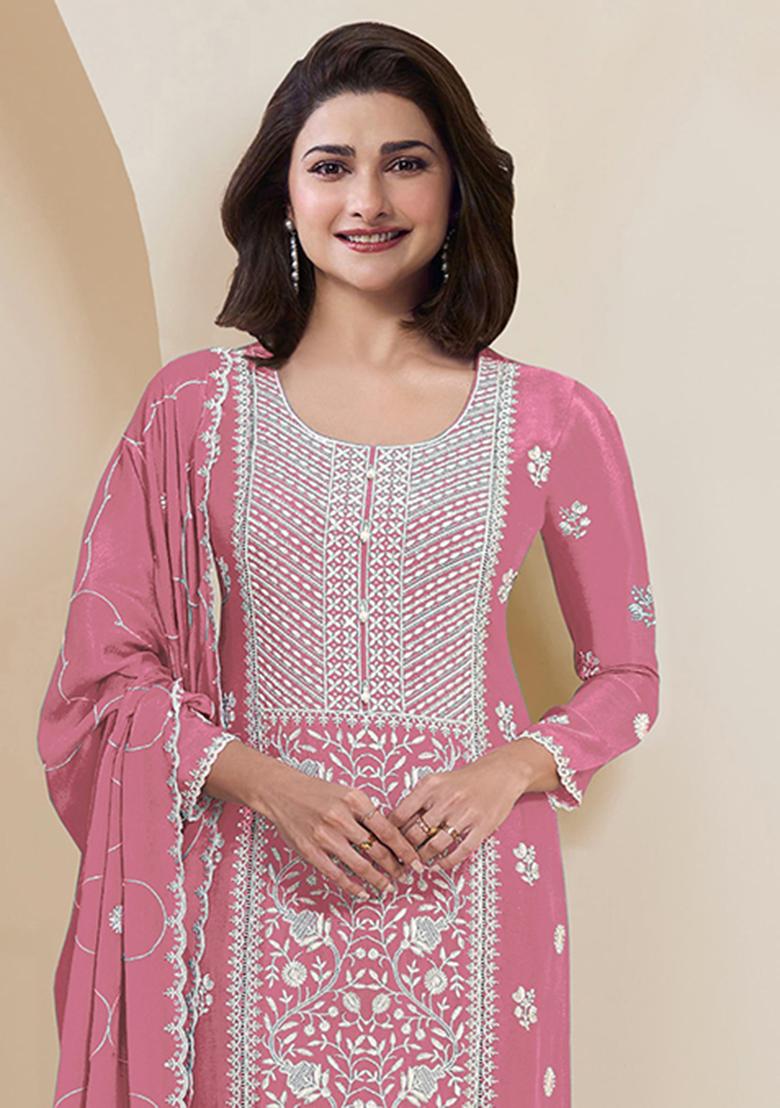 Peach Embroidered Silk Salwar Kameez With Dupatta