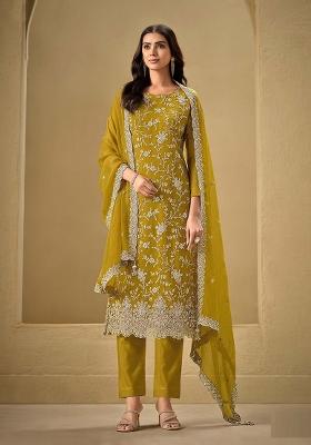 Mustard Yellow Embroidered Silk Salwar Kameez With Dupatta