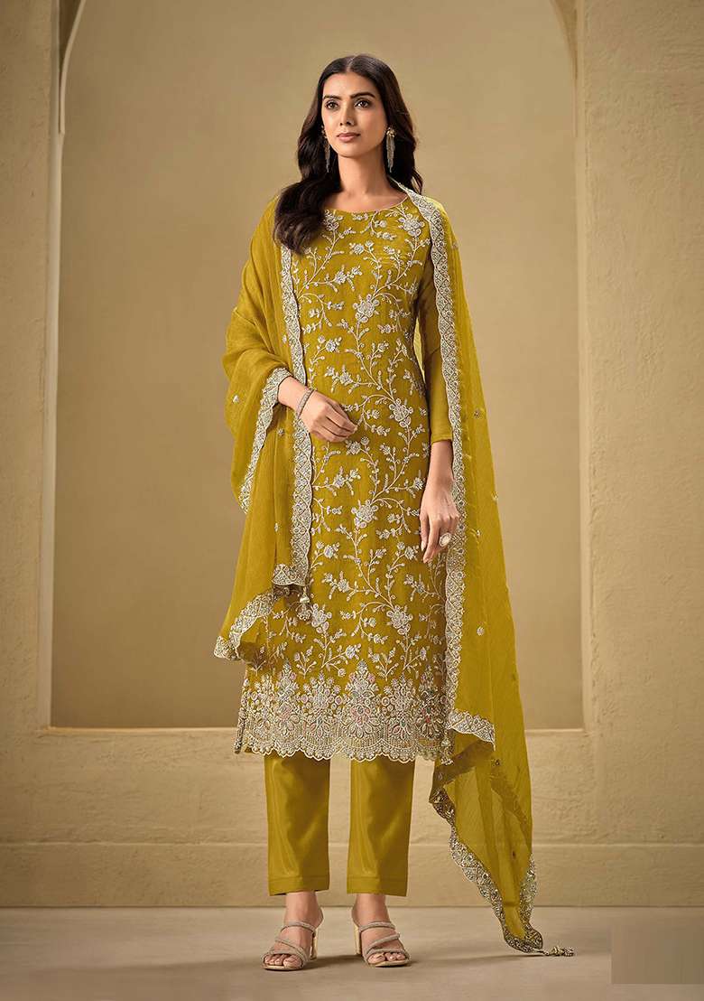 Mustard Yellow Embroidered Silk Salwar Kameez With Dupatta - Indya
