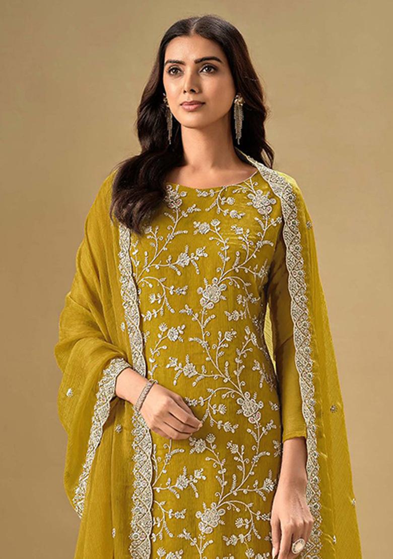 Mustard Yellow Embroidered Silk Salwar Kameez With Dupatta