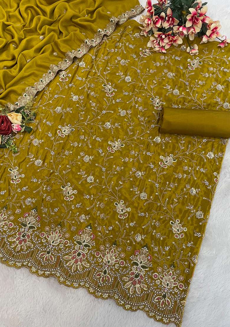 Mustard Yellow Embroidered Silk Salwar Kameez With Dupatta - Indya