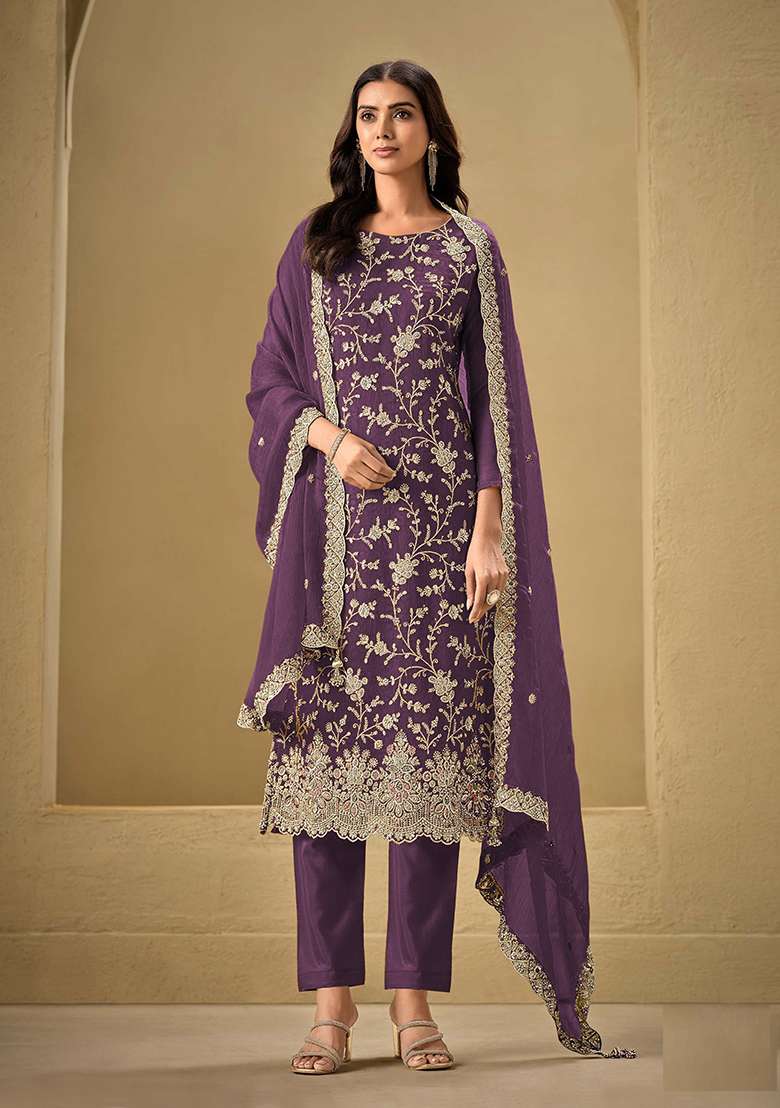Purple Embroidered Silk Salwar Kameez With Dupatta - Indya