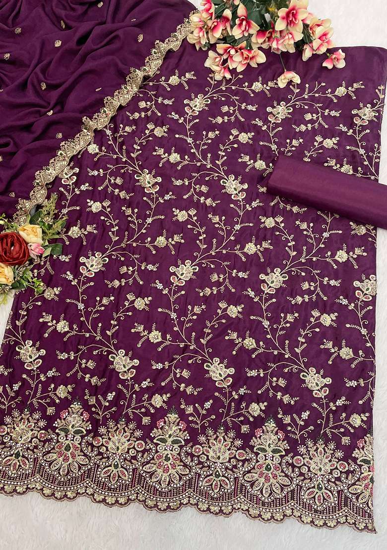 Purple Embroidered Silk Salwar Kameez With Dupatta - Indya