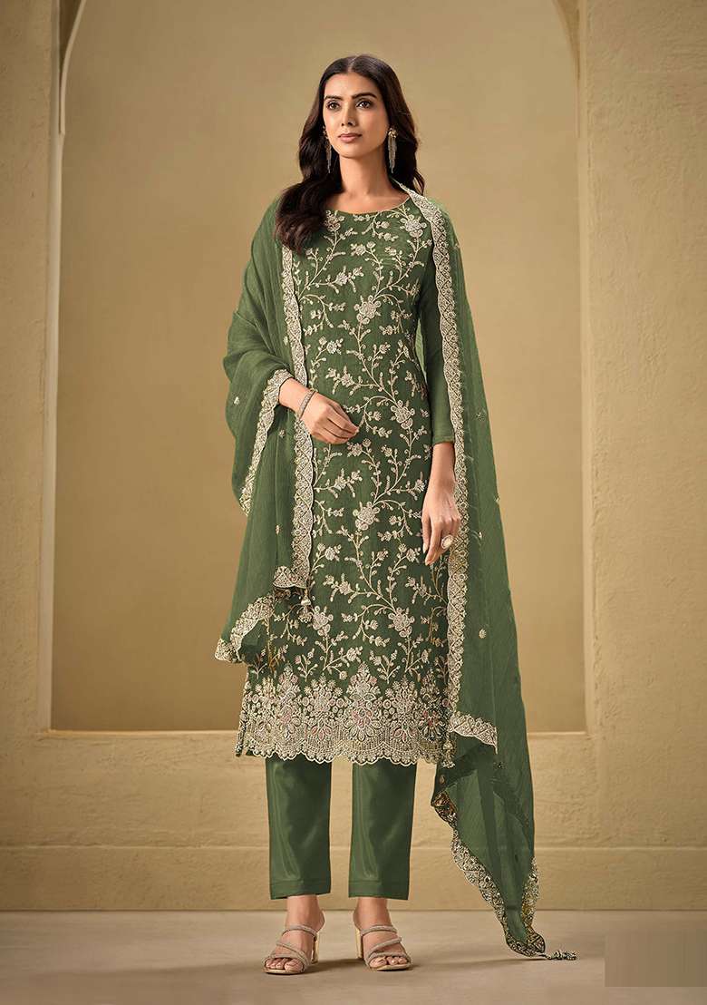 Mehendi Green Embroidered Silk Salwar Kameez With Dupatta - Indya