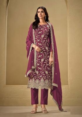 Maroon Embroidered Silk Salwar Kameez With Dupatta