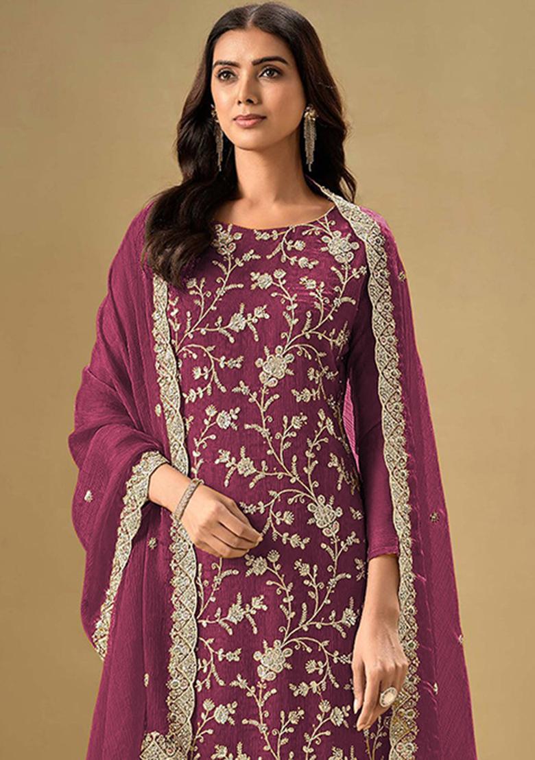 Maroon Embroidered Silk Salwar Kameez With Dupatta