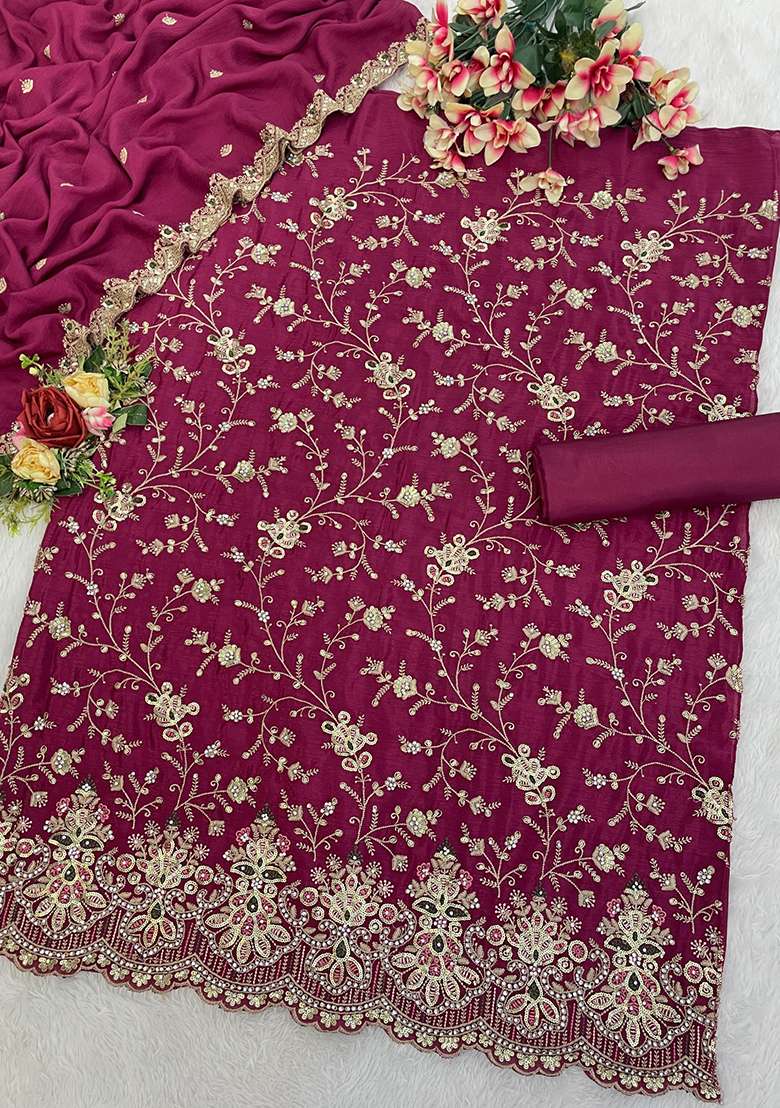 Maroon Embroidered Silk Salwar Kameez With Dupatta - Indya