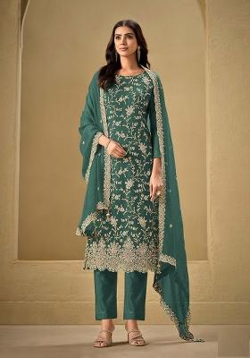 Teal Blue Embroidered Silk Salwar Kameez With Dupatta