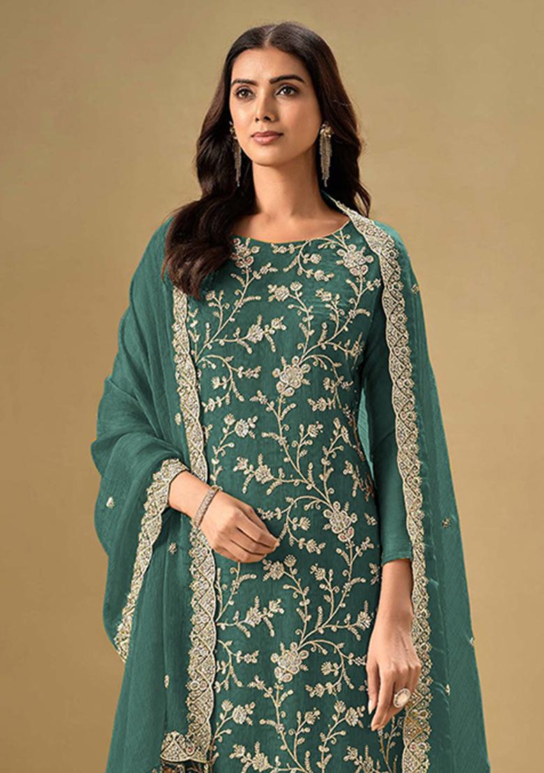 Teal Blue Embroidered Silk Salwar Kameez With Dupatta