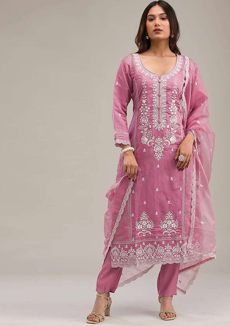 Pink Embroidered Cotton Salwar Kameez With Dupatta - Indya