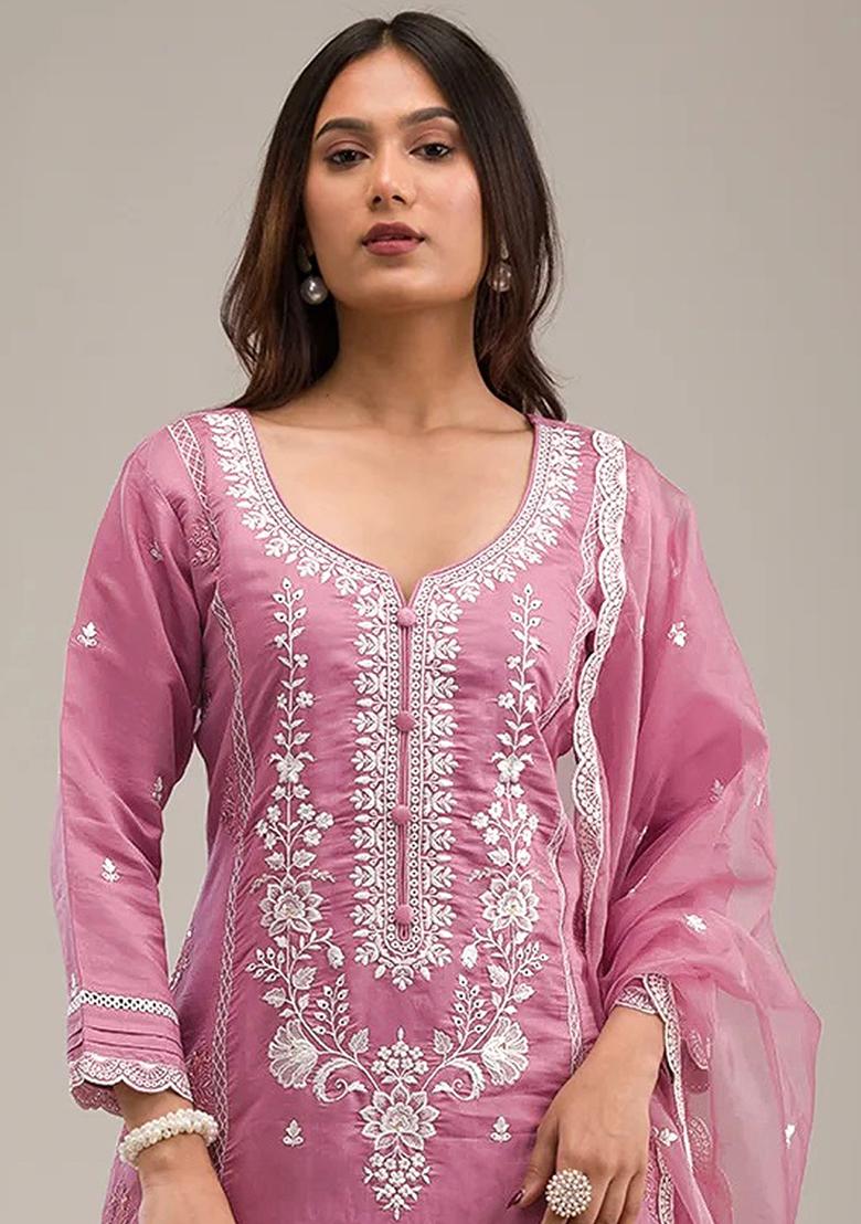 Pink Embroidered Cotton Salwar Kameez With Dupatta