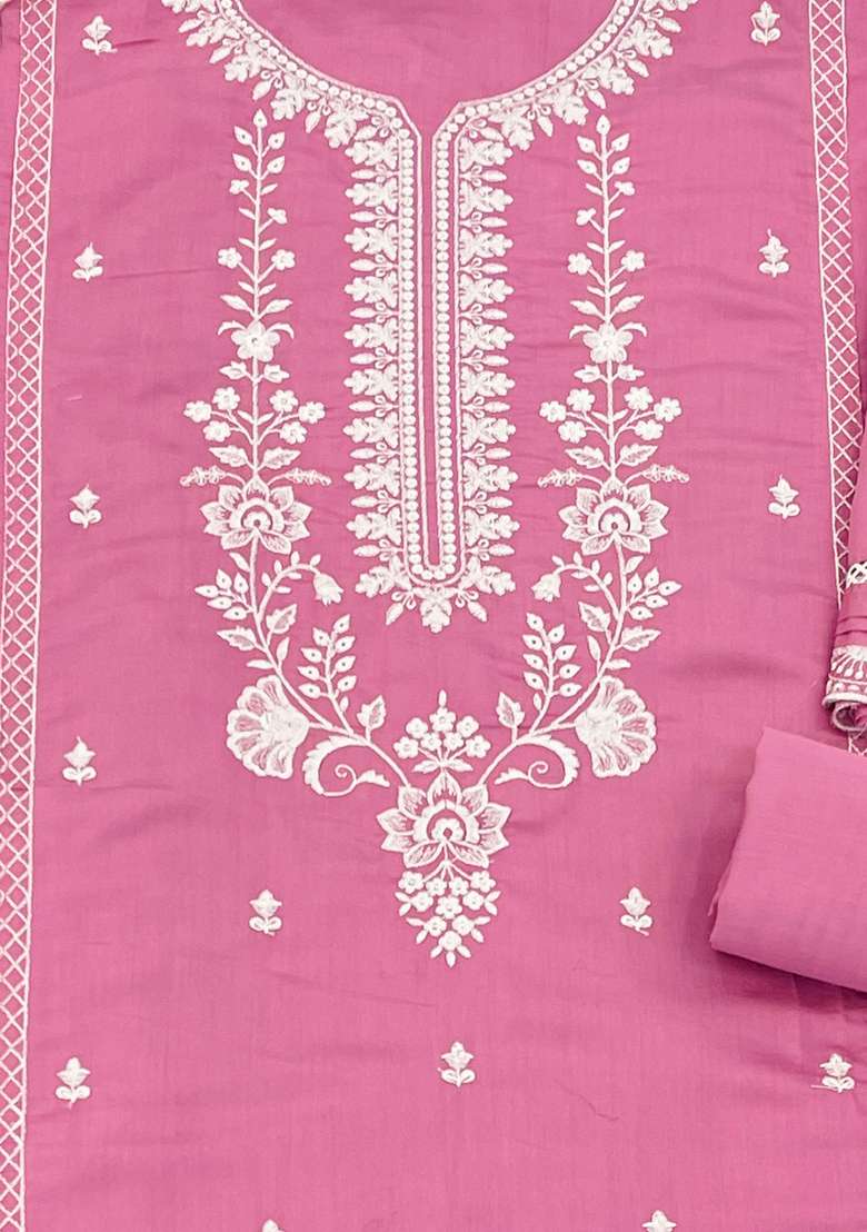 Pink Embroidered Cotton Salwar Kameez With Dupatta - Indya