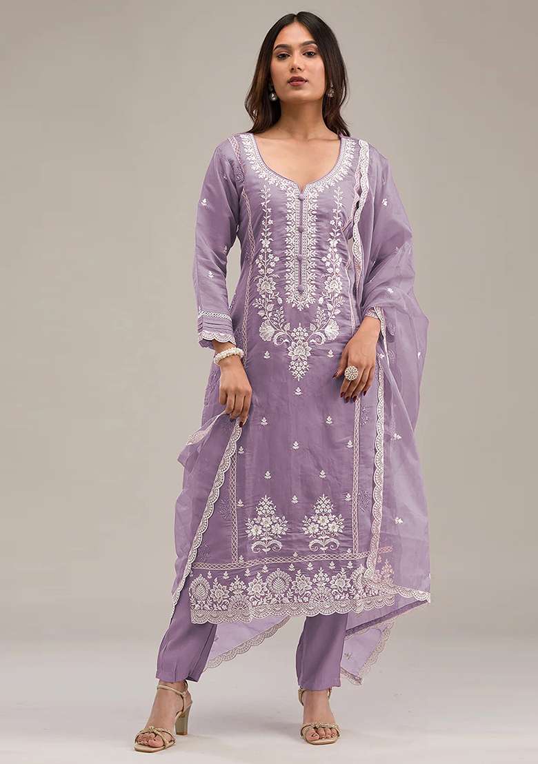 Light Lavender Embroidered Cotton Salwar Kameez With Dupatta - Indya