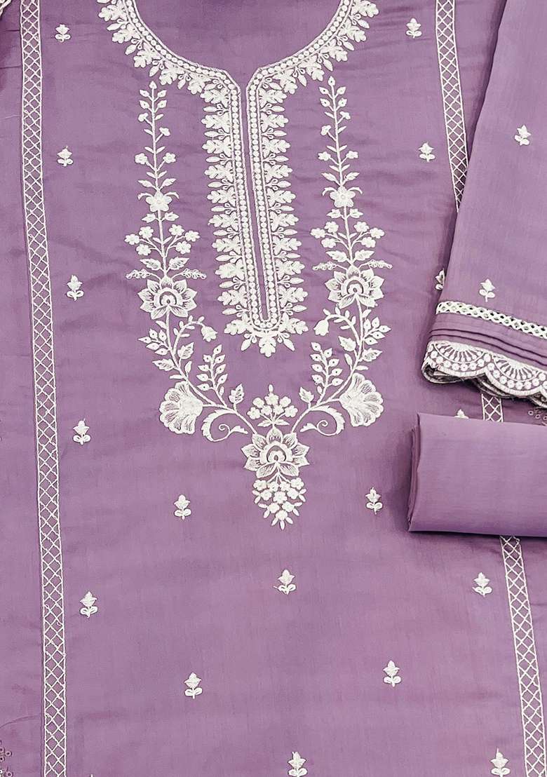 Light Lavender Embroidered Cotton Salwar Kameez With Dupatta - Indya
