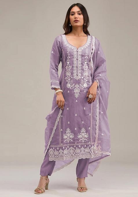 Light Lavender Embroidered Cotton Salwar Kameez With Dupatta