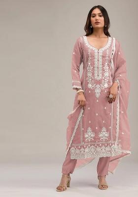 Peach Embroidered Cotton Salwar Kameez With Dupatta
