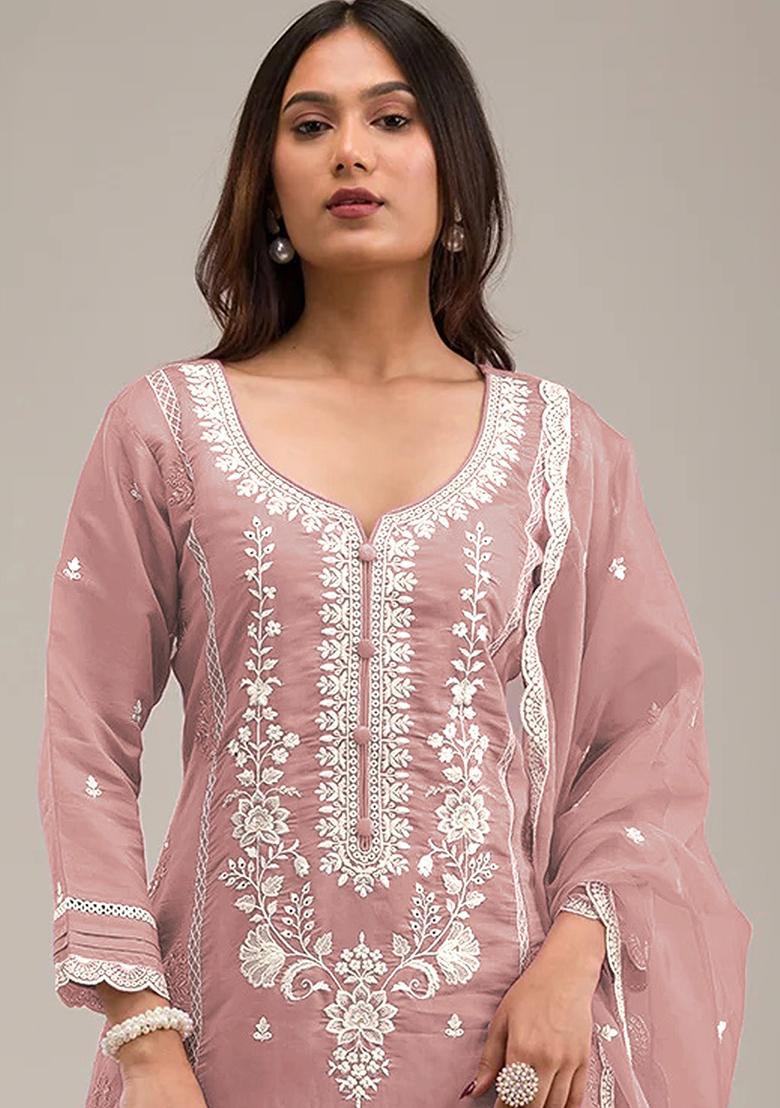 Peach Embroidered Cotton Salwar Kameez With Dupatta