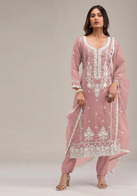 Peach Embroidered Cotton Salwar Kameez With Dupatta