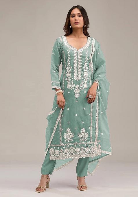 Light Green Embroidered Cotton Salwar Kameez With Dupatta