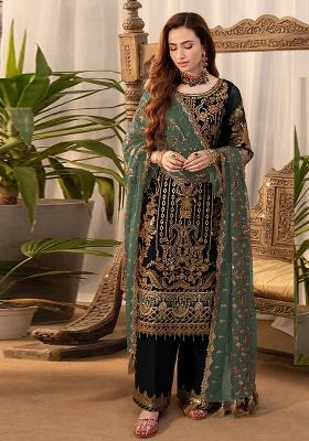 Black Embroidered Silk Palazzo Set With Dupatta