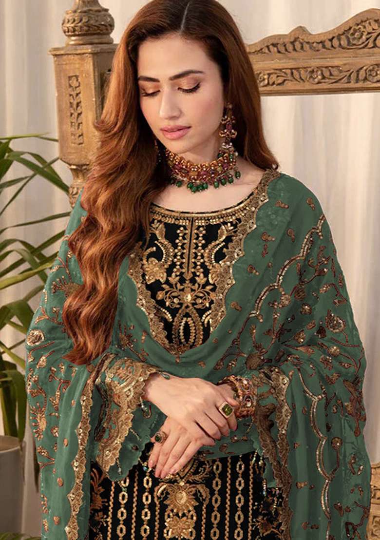 Black Embroidered Silk Palazzo Set With Dupatta - Indya