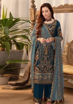 Navy Blue Embroidered Silk Palazzo Set With Dupatta