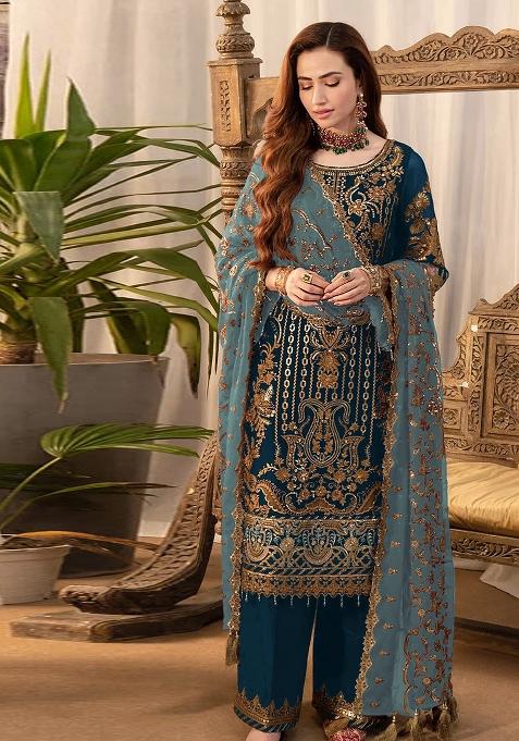 Navy Blue Embroidered Silk Palazzo Set With Dupatta
