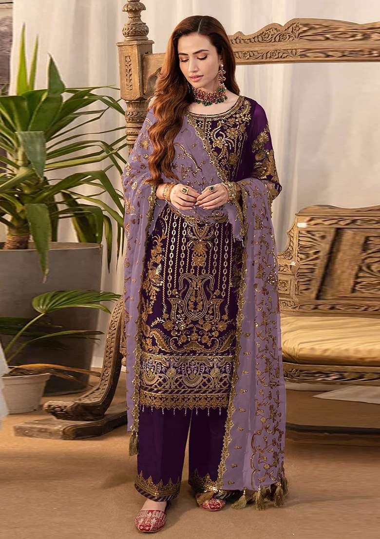 Wine Embroidered Silk Palazzo Set With Dupatta - Indya
