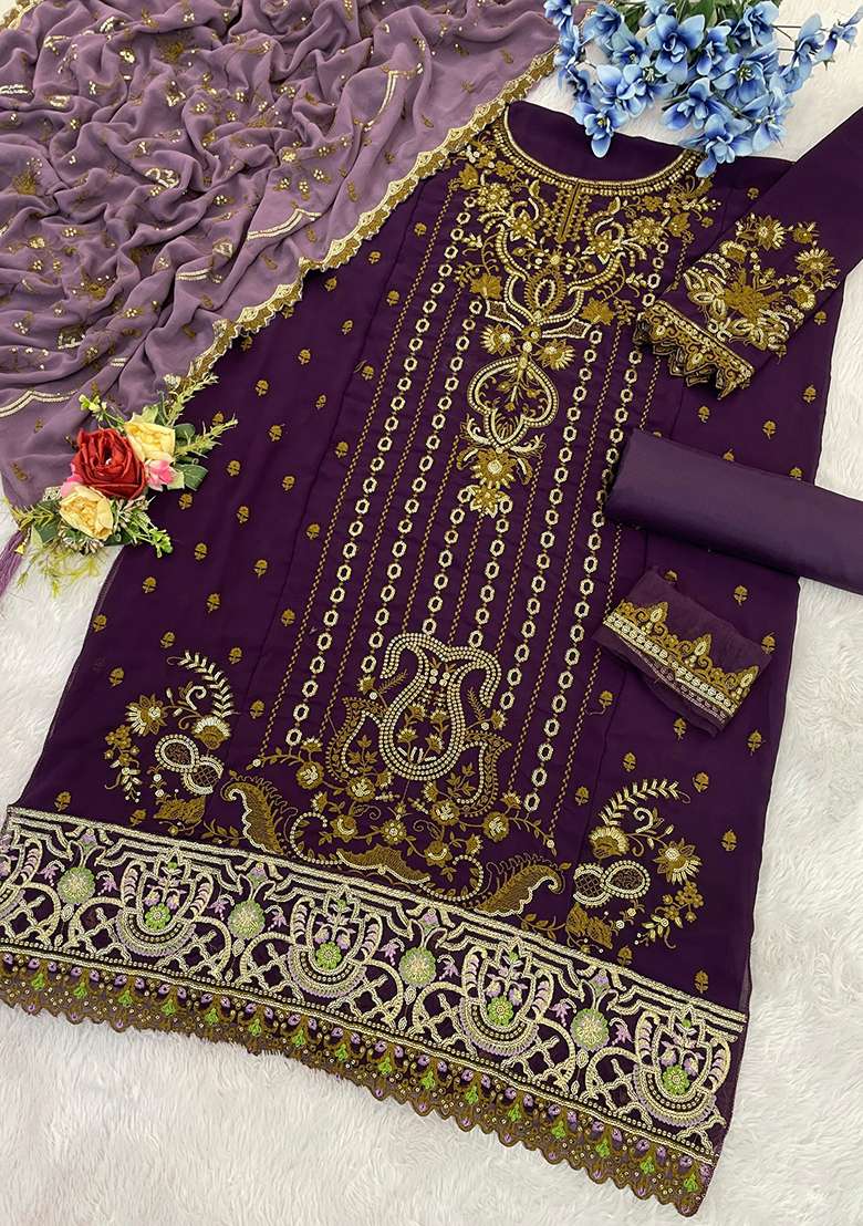 Wine Embroidered Silk Palazzo Set With Dupatta - Indya