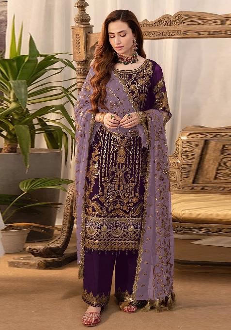 Wine Embroidered Silk Palazzo Set With Dupatta
