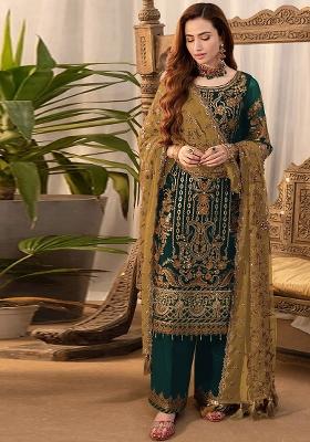 Green Embroidered Silk Palazzo Set With Dupatta